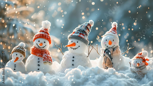 Snowman family with red scarf, hat and mittens in winter forest photo