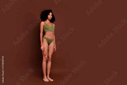 Studio no retouch full length photo of cute shiny lady dressed lingerie accepting stretch marks skin empty space isolated brown color background © deagreez