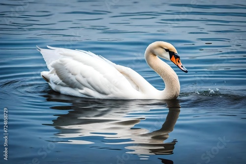  A graceful swan gliding on water, captured up close to reveal the fine texture of its feathers