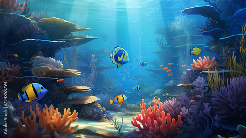 Underwater Scene With Coral Reef And Exotic Fishes, Ai generated image