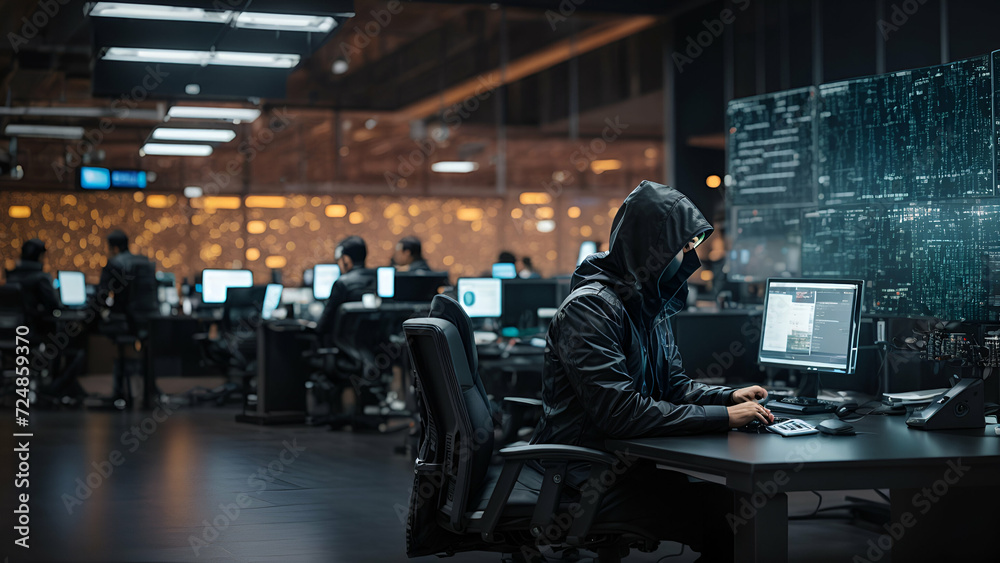 Obraz premium A futuristic cybersecurity workspace featuring advanced encryption technologies, biometric access control