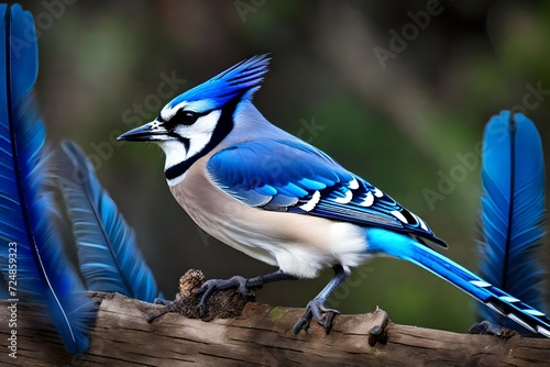 The lovely features of a blue jay, caught mid-hop on a garden fence, brilliant blue feathers flashing