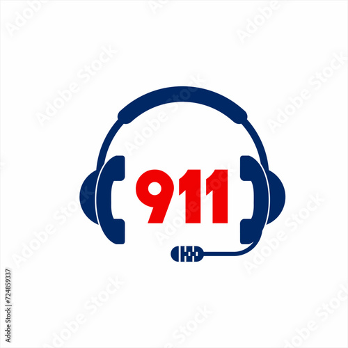911 logo design. Illustration of headphones with telephone symbol and 911 number.
