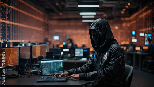 A futuristic cybersecurity workspace featuring advanced encryption technologies, biometric access control