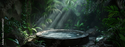 a circular bathtub inside a jungle in