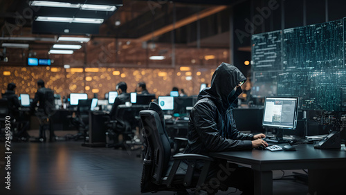 A futuristic cybersecurity workspace featuring advanced encryption technologies, biometric access control