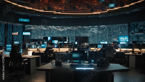 A futuristic cybersecurity workspace featuring advanced encryption technologies, biometric access control