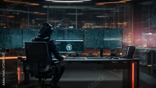 A futuristic cybersecurity workspace featuring advanced encryption technologies, biometric access control