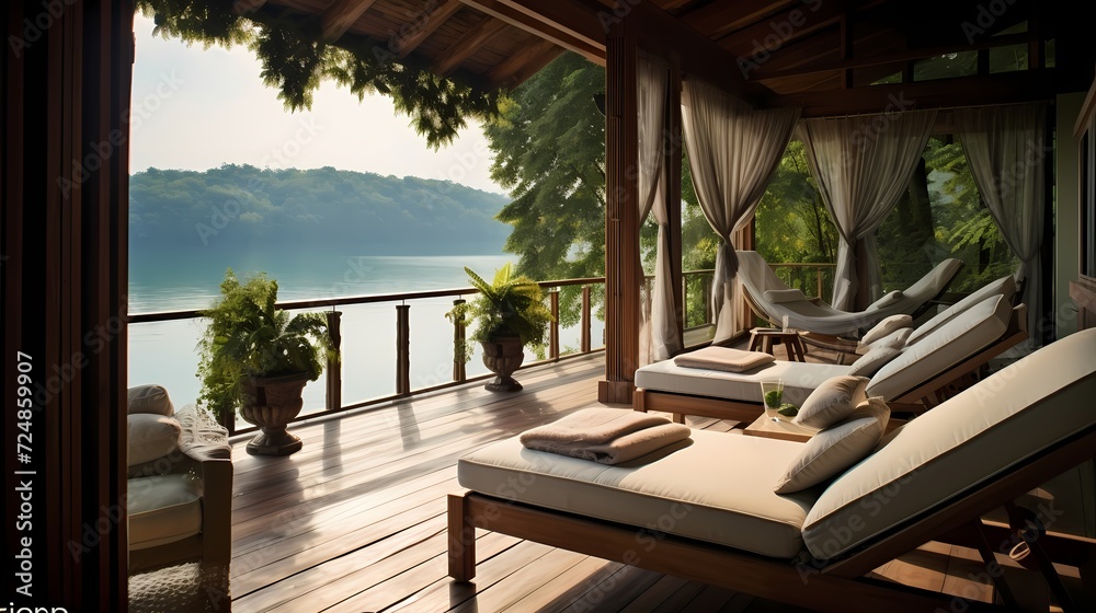 Veranda serenity with comfortable lounge chairs, flowing curtains, and a panoramic view of a tranquil lakeside