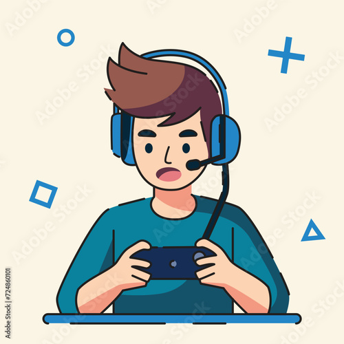 boy is playing mobile games on smartphone and wearing headset flat design vector illustration