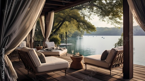 Veranda serenity with comfortable lounge chairs, flowing curtains, and a panoramic view of a tranquil lakeside © Joun
