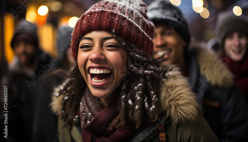 Smiling women in warm clothing enjoy winter outdoors generated by AI