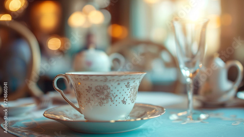 An elegant tea setting with a delicate porcelain cup catching the soft morning light.