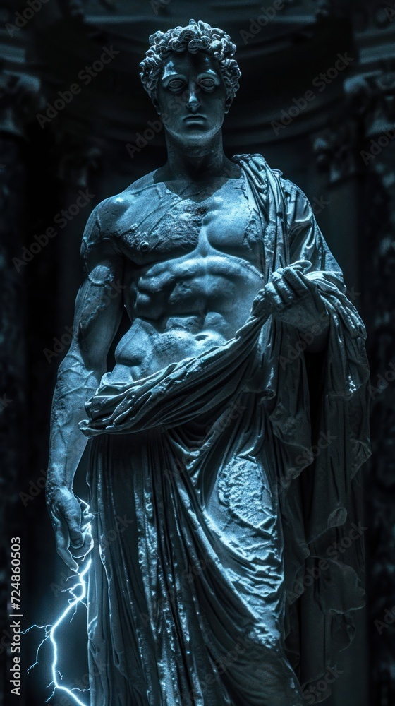 A captivating image of a Greek philosopher statue radiating with a corona of lightning, symbolizing enlightenment and wisdom