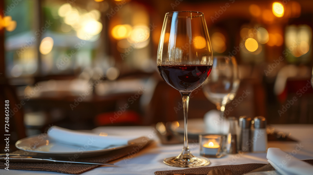 An elegant dinner setting with a glass of red wine in a romantic restaurant ambiance