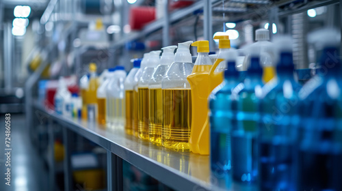 Industrial cleaning supplies in a warehouse showcasing various colorful detergent bottles. photo