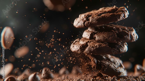 Pile of chocolate cookies with cocoa powder splashing on a dark background photo