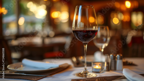 An elegant dinner setting with a glass of red wine in a romantic restaurant ambiance