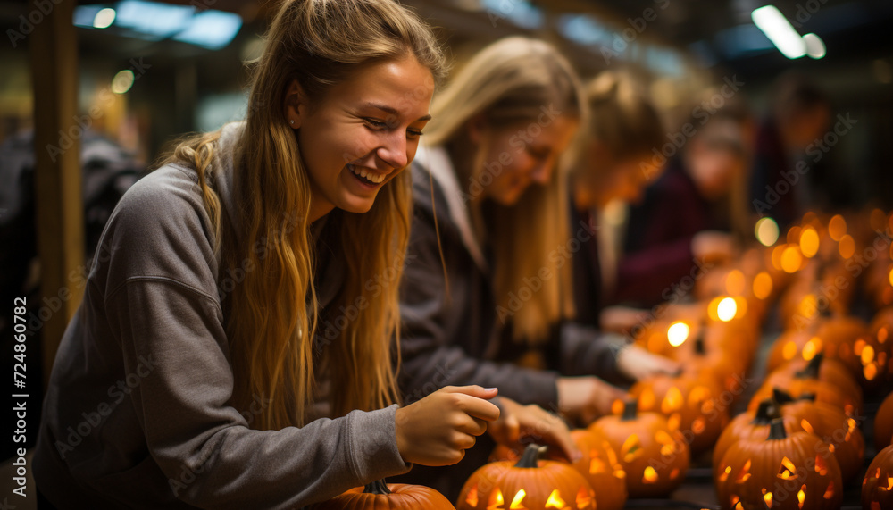 Φωτογραφία Young women smiling, holding pumpkin, enjoying Halloween celebration generated b