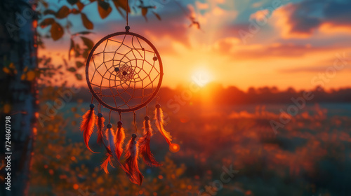 Tranquil dreamcatcher silhouette against a stunning sunset backdrop