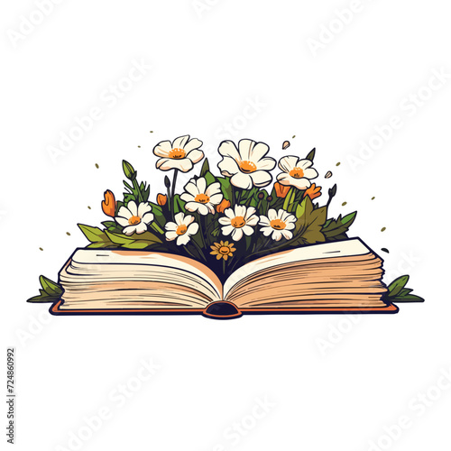 Open book and wildflowers, book table with flowers flowers sticker, growing from an old open book.