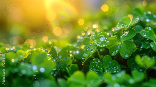 Morning dew on clovers with a shimmering rainbow reflection signaling new beginnings