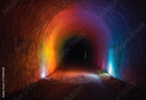 A mysterious tunnel in the darkness, lit up by the vibrant hues of a rainbow.