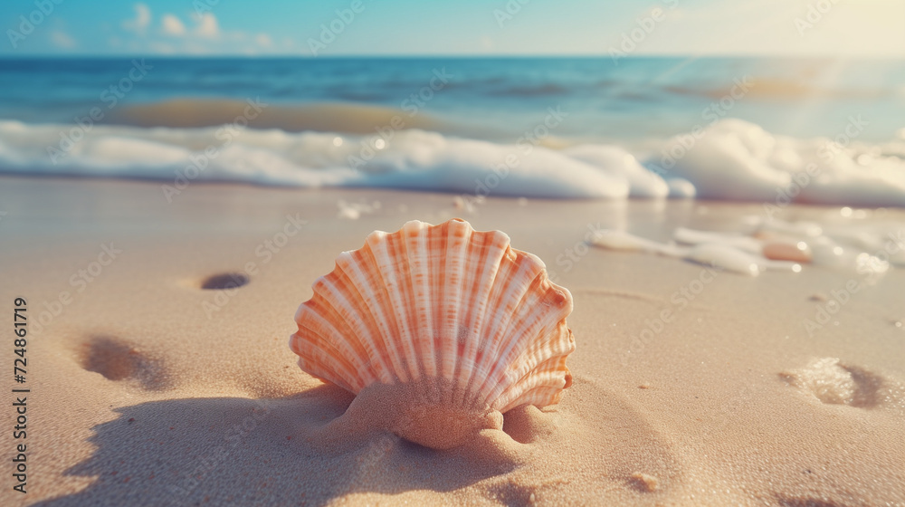 Warm summer beach vacation holiday. Stunning sea shell on the beach with sand and waves texture, Ai generated image Warm summer beach vacation holiday. Stunning sea shell on the beach with sand and waves texture, Ai generated image