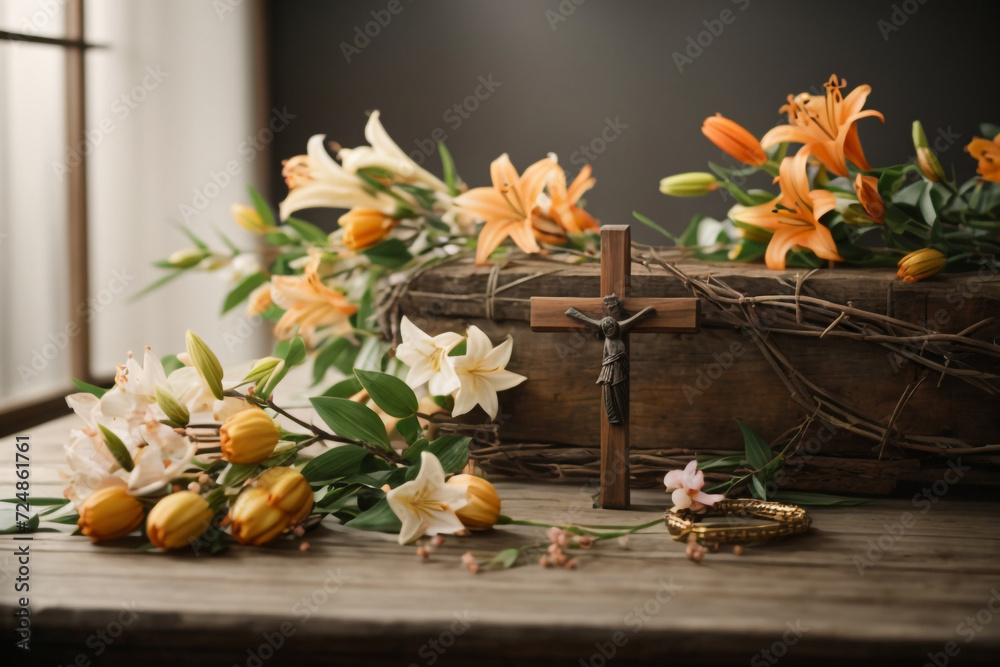 generative Ai, Wooden cross, crown of thorns and blossom lilies on table against light background