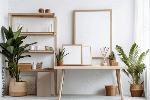 Interior of a Scandinavian style house with an empty white board and a copy area for a mockup. White shelves, a potted green palm, a wooden tray with tea, a simple design, vertical © Vusal