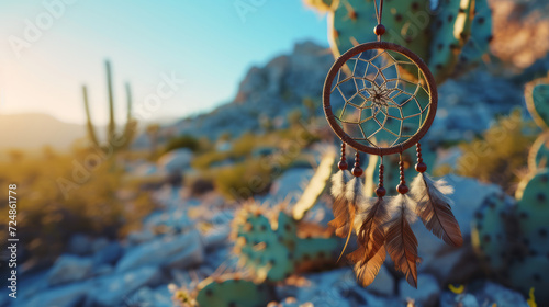 Earthy-colored dreamcatcher hanging in a desert landscape at sunrise photo