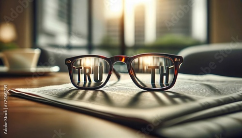 The clarity of the 'TRUTH' in sharp focus through the lenses of glasses on a newspaper, reflects a perspective enriched with enlightenment by the morning sunlight