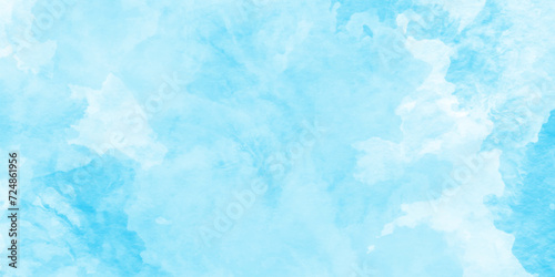 Turquoise color handmade cloudy natural blue watercolor background, Watercolor Shades The White Cloud and Blue Sky with small clouds, Abstract cloudy hand paint splash stain backdrop banner.