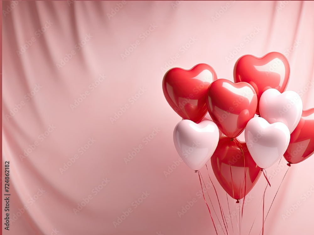 Gold and red balloons. Realistic rose 3d heart balloon. Helium balloon illustration on pink background.