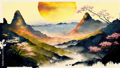 Chinese inkwash painting Majestic mountains Lush forests, Glittering lakes, Desert dunes, Golden sunsets , generated by AI
