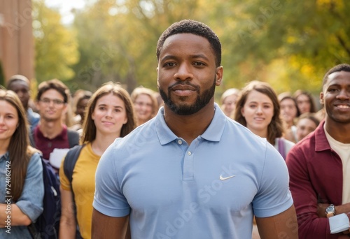 A portrait of a black man on a college campus, exuding confidence and leadership, with a crowd of students in the backdrop