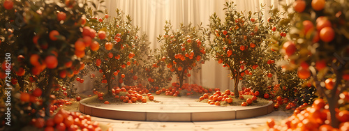 a circular stage filled with fruit trees and oranges 
