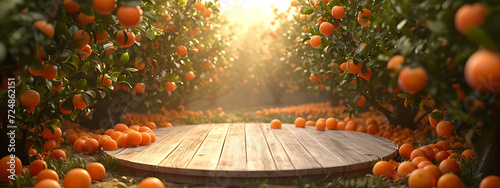 a circular stage filled with fruit trees and oranges 