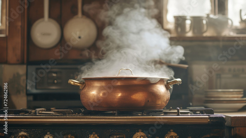 Steam from a vintage copper pot on an old-fashioned stove in a cozy kitchen