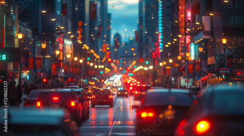 Vibrant city street at dusk bathed in neon lights and bustling activity