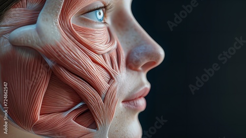 Side view face human anatomy, skin and muscles