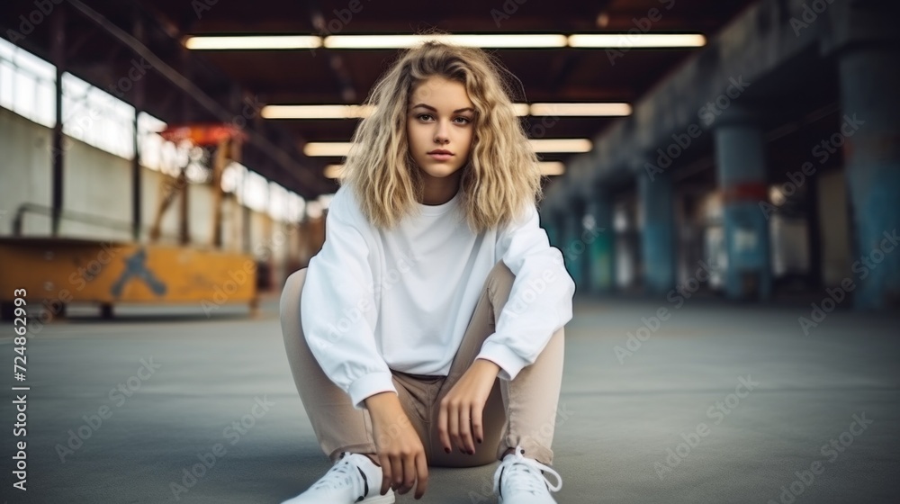 Young blonde girl in white sweatshirt, beige trousers, white sneakers sitting casually on on the concrete floor in city building, calm looking at camera. Lifestyle concept, teen leisure. Young blonde girl in white sweatshirt, beige trousers, white sneakers sitting casually on on the concrete floor in city building, calm looking at camera. Lifestyle concept, teen leisure.