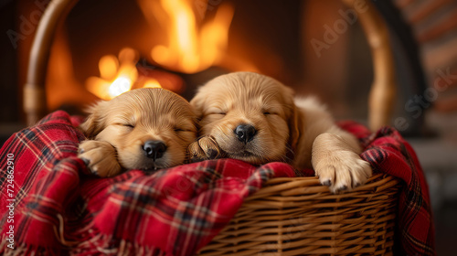 Two golden retriever puppies sleeping peacefully in a cozy basket by the fire