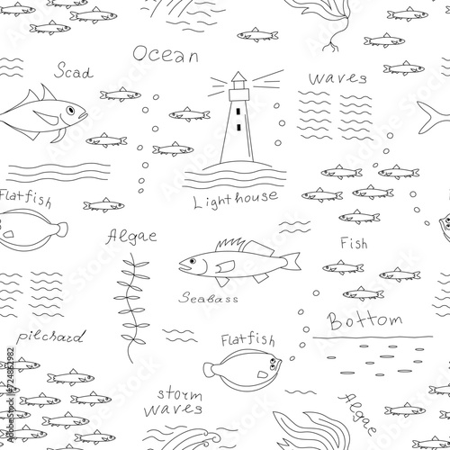 Ocean, sea fish and seaweed, lighthouse, sea bottom. Hand drawn black realistic outline vector illustration. Seamless pattern.