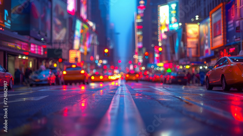 Vibrant city street at dusk bathed in neon lights and bustling activity © rorozoa