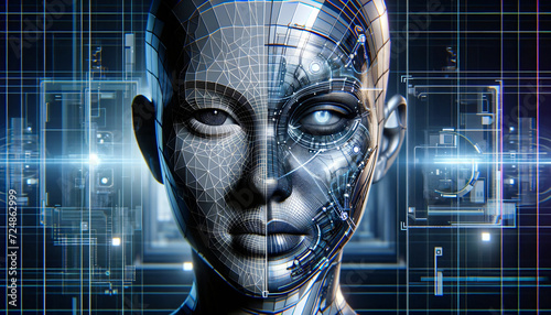 Face ID, a futuristic concept image of a cyber woman with a robot face, illustrating the facial recognition system concept, Created by using generative AI tools	
