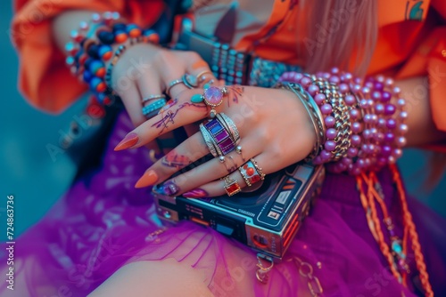 A close-up of a Y2K girl's accessorized hands, showcasing chunky rings, vibrant nail art, and a wrist full of jelly bracelets, holding a classic MP3 player or a discman photo