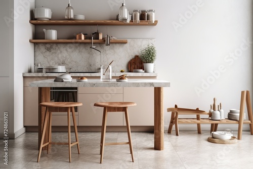 Interior scene and mockup, corner kitchen in Scandinavian design, made of marble and wood, dining table and bar stools © Lasvu
