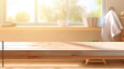 A cozy room interior with warm sunlight an empty wooden table near a bright window.