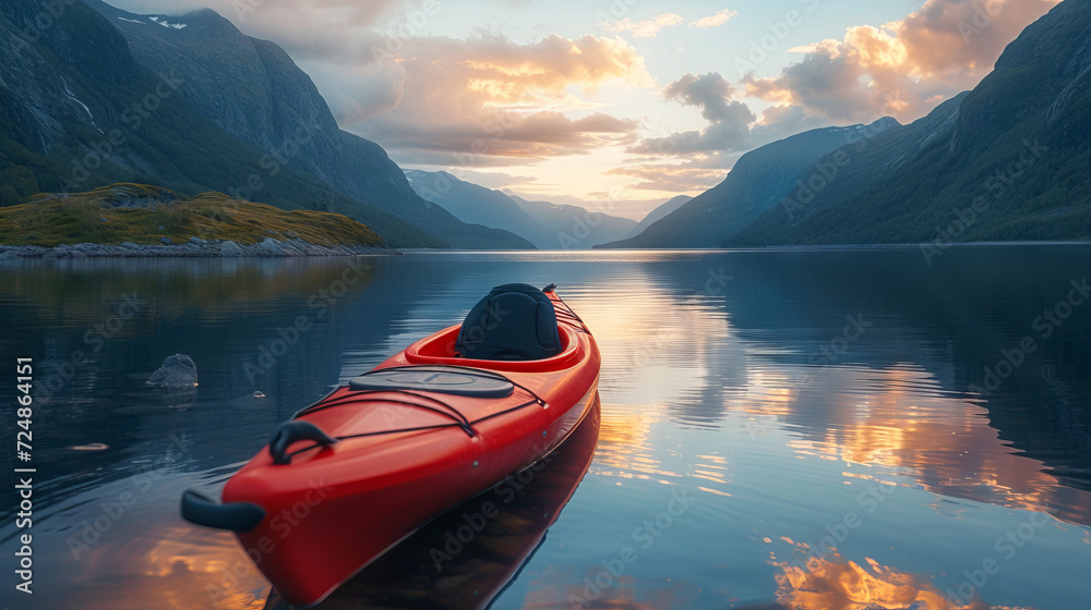 Red kayak drifting on a serene mountain lake during a tranquil sunset